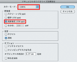 カラーモードをCMYK、解像度を高解像度に